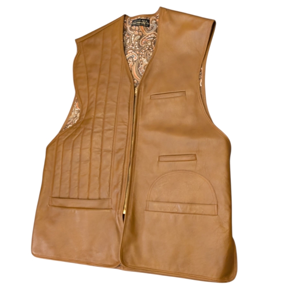 60s 70s Vintage Rare Men's Quilted Tan Leather Jacket Vest  Rare Paris‎
